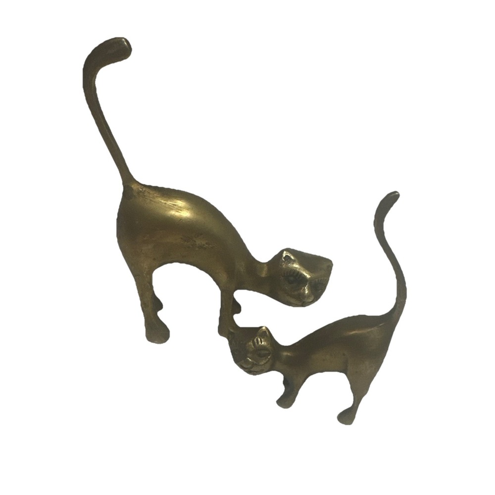 Vintage Mid Century Brass Cat Ring Holder Figurines (2) MCM Primitive Long Tail